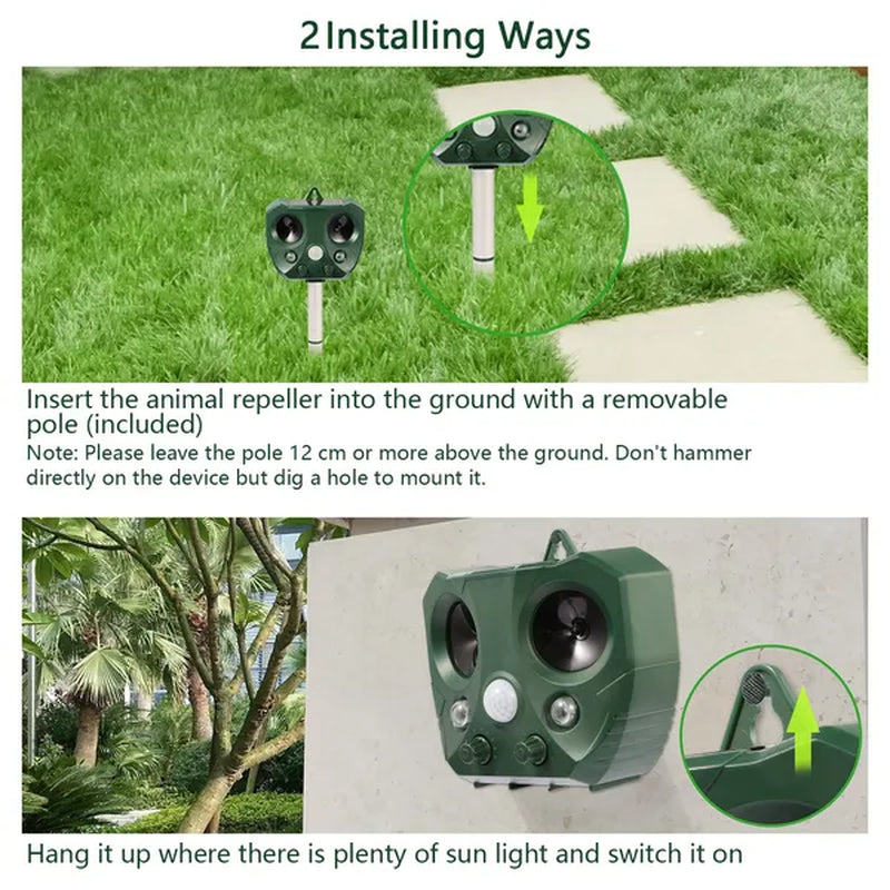 Eco-Friendly Solar Ultrasonic Animal Repeller with Motion Sensor & LED Lights