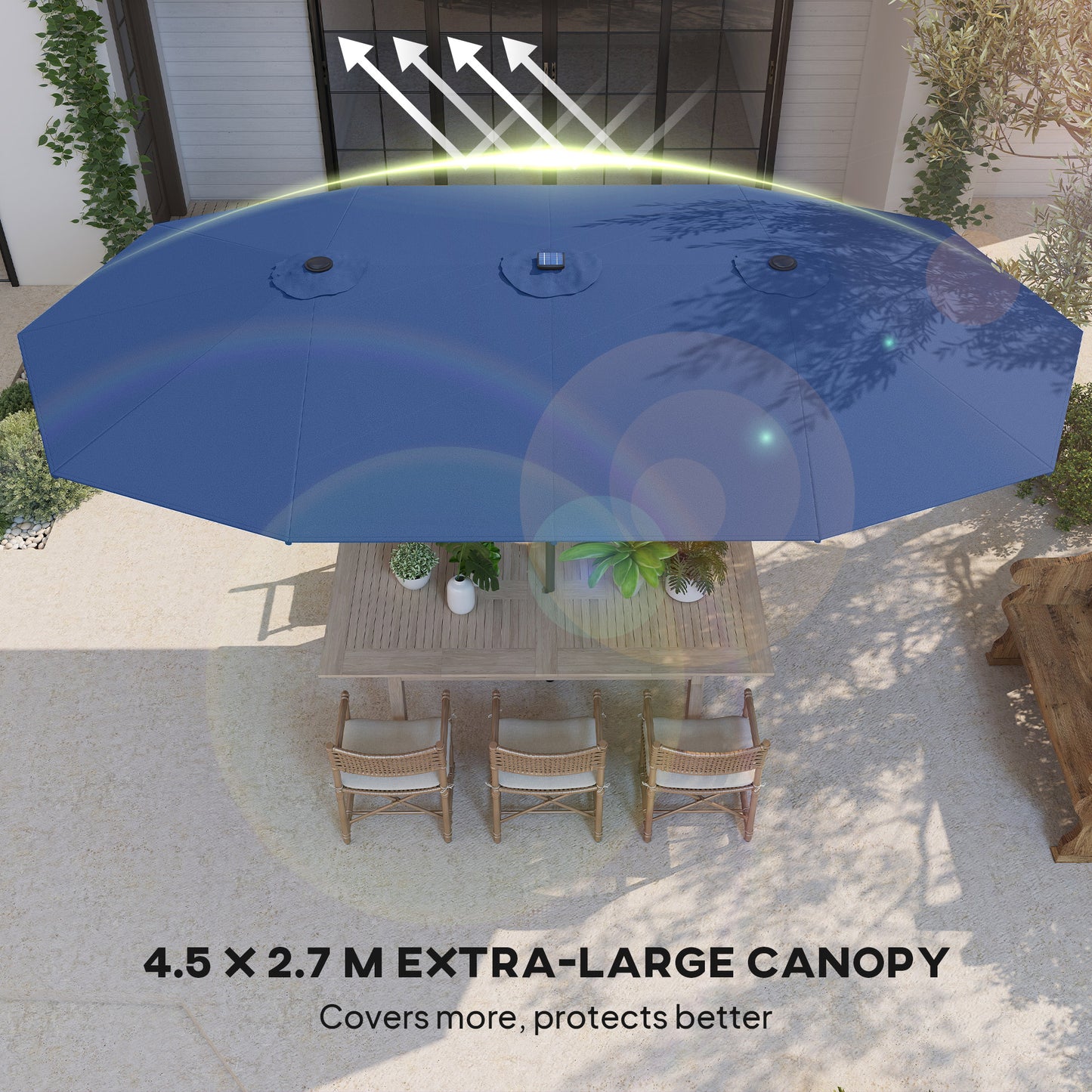 Illuminate Your Outdoor Oasis: Double-Sided Blue Garden Parasol with LED Solar Lights - The Ideal Patio Umbrella for Relaxation