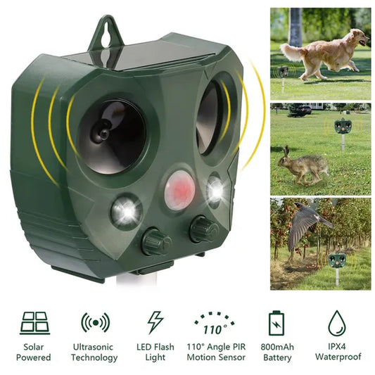 Eco-Friendly Solar Ultrasonic Animal Repeller with Motion Sensor & LED Lights