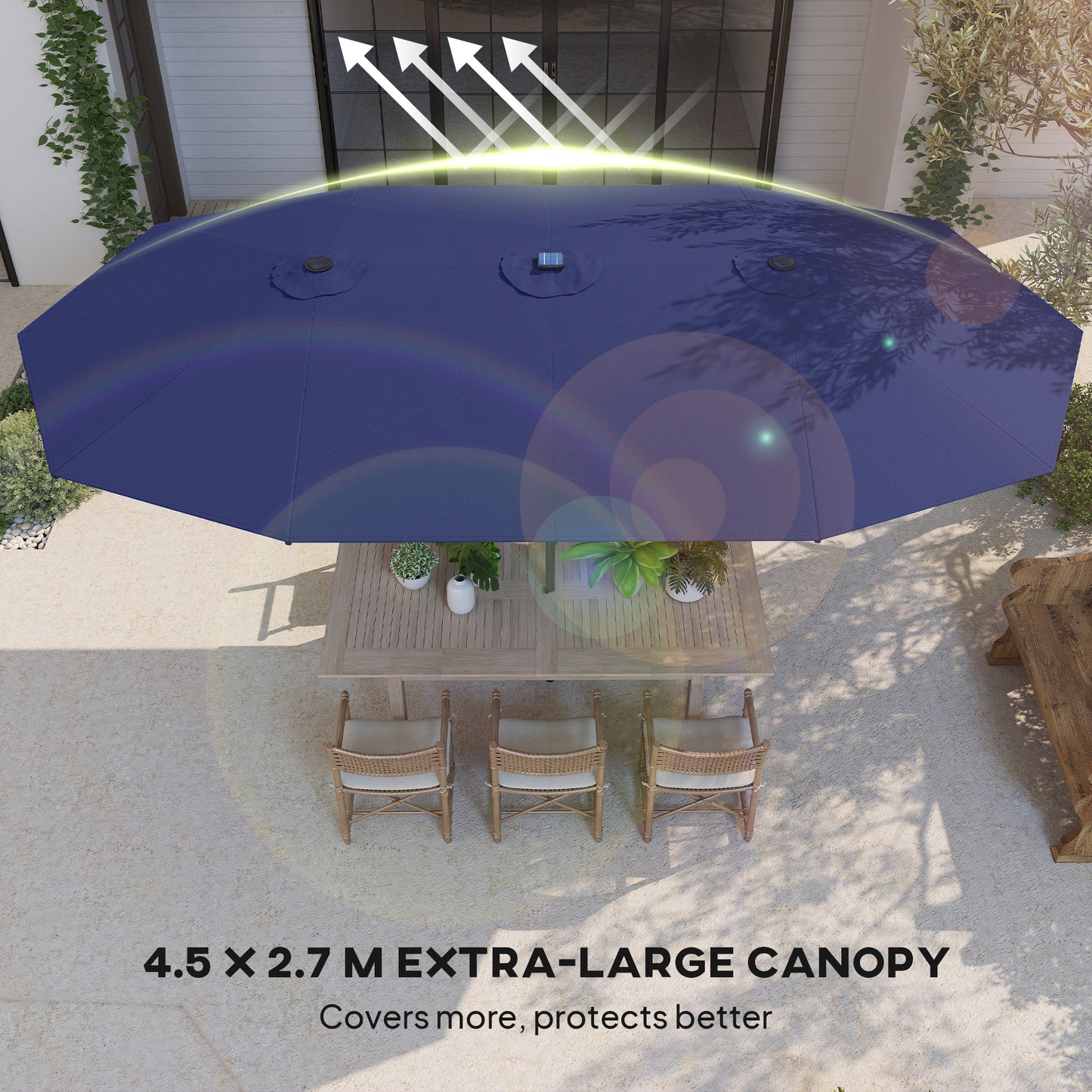 Navy Blue Double-Sided Patio Umbrella with LED Solar Lights - Ideal for Outdoor Relaxation and Enjoyment