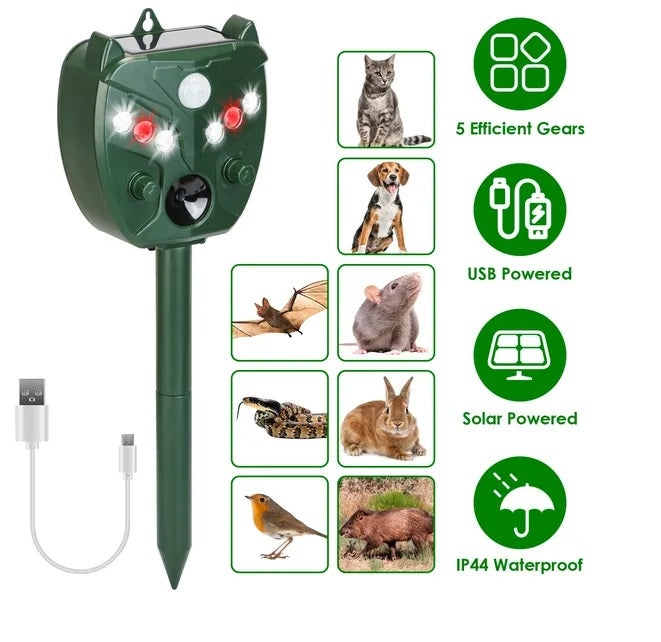 Ultimate Ultrasonic Solar Animal Repeller - Versatile, Waterproof Deterrent for Moles, Snakes, Squirrels, Mice, Birds, Deer, Dogs, and Cats with 5 Adjustable Gears for Farm, Garden, and Yard