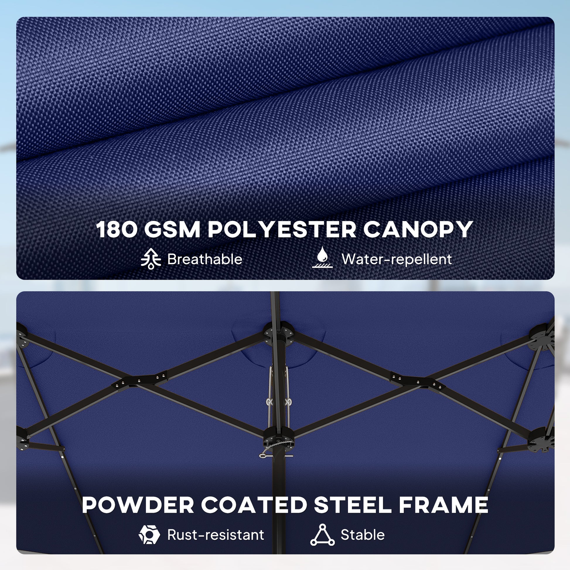 Illuminate Your Outdoor Space with Our Navy Blue Double-Sided Garden Parasol Featuring LED Solar Lights!