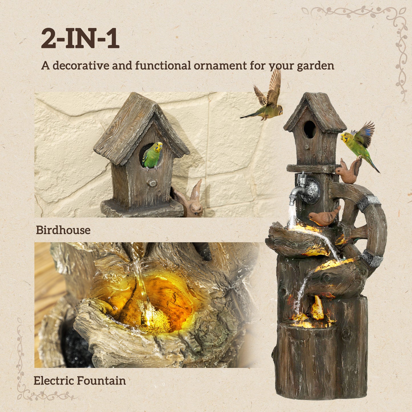 Enchanting 3-Tier Outdoor Water Fountain with LED Lights and Water Wheel - Ideal Garden Birdhouse Decor