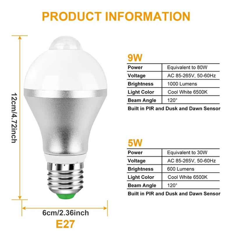 Smart E27 Motion Sensor LED Bulb - 9W/5W, 6500K Dusk to Dawn Lighting Solution