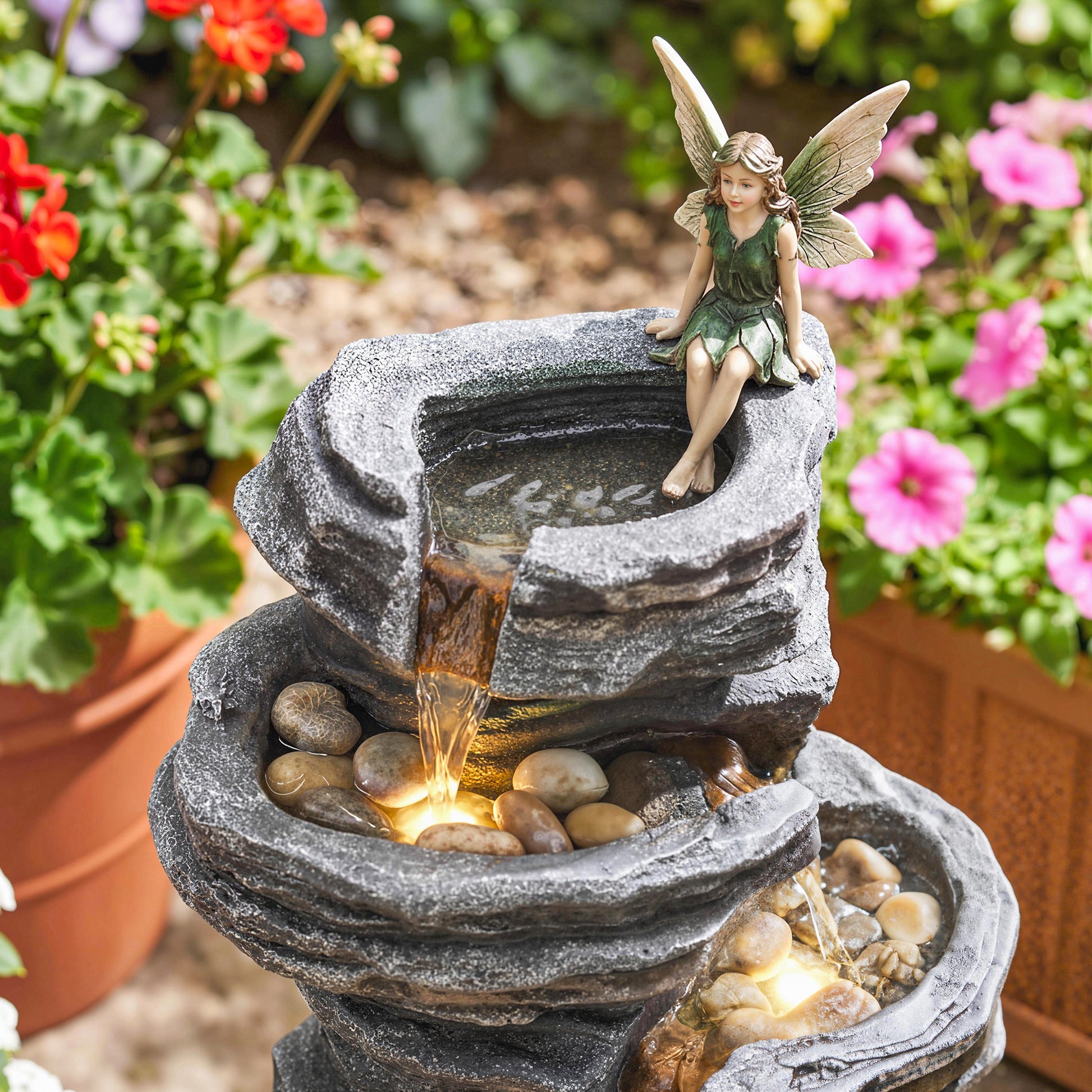 Transform Your Garden with a Stunning 40" Gray LED Waterfall Fountain - 6-Tier Cascading Water Feature