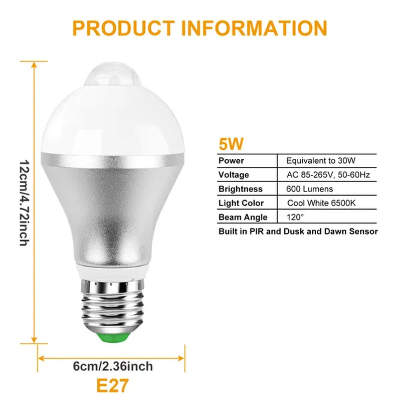 Smart E27 Motion Sensor LED Bulb - 9W/5W, 6500K Dusk to Dawn Lighting Solution