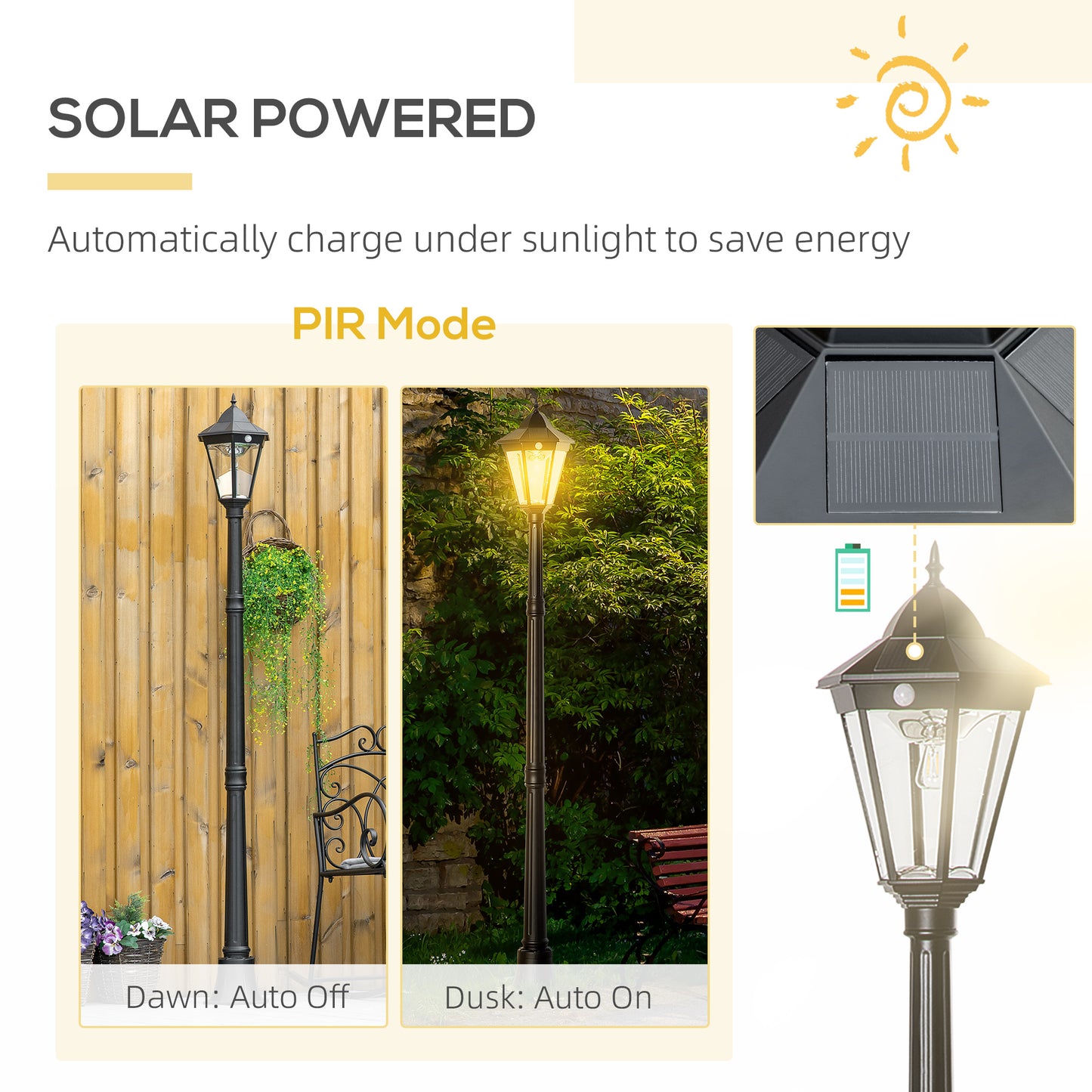Elegant 76.5" Solar Lamp Post Light - Vintage Aluminum Street Light with Dusk to Dawn and PIR Motion Sensor for Garden, Lawn, Pathway, Driveway - Classic Black Finish