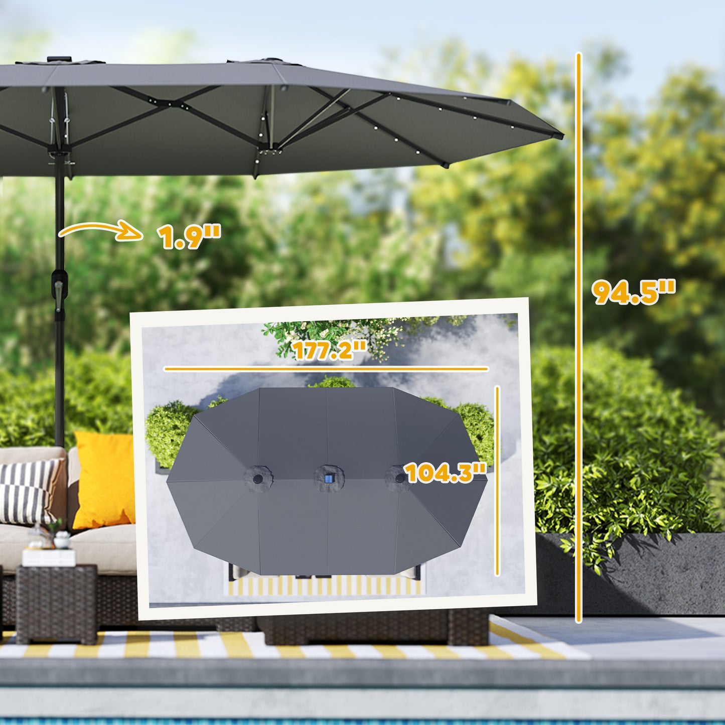 Stylish Gray Double-Sided Garden Parasol with LED Solar Lights - Ideal Patio Umbrella for Outdoor Relaxation