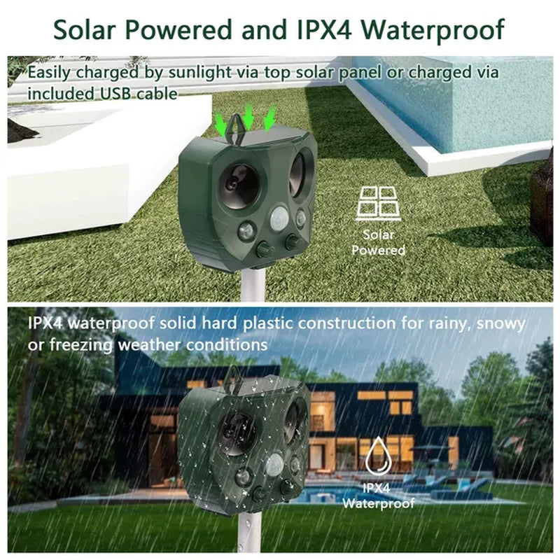 Eco-Friendly Solar Ultrasonic Animal Repeller with Motion Sensor & LED Lights