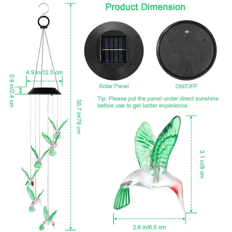 Enchanting Color-Changing LED Solar Hummingbird Wind Chime - Waterproof 6-LED Decorative String Lights
