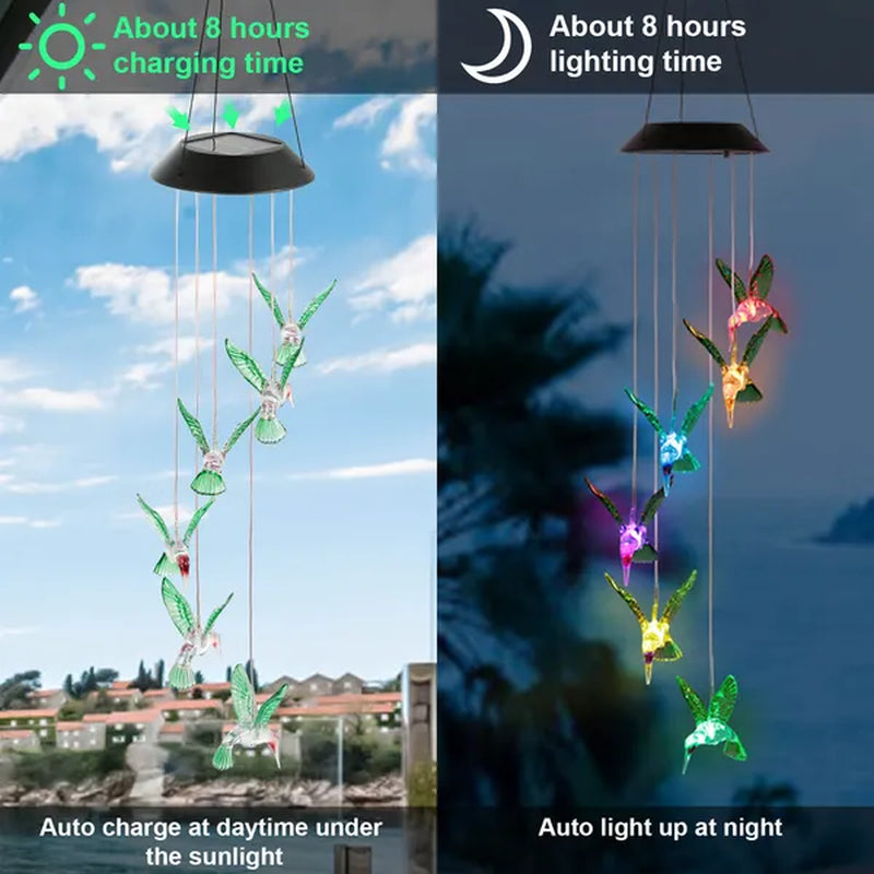Enchanting Color-Changing LED Solar Hummingbird Wind Chime - Waterproof 6-LED Decorative String Lights