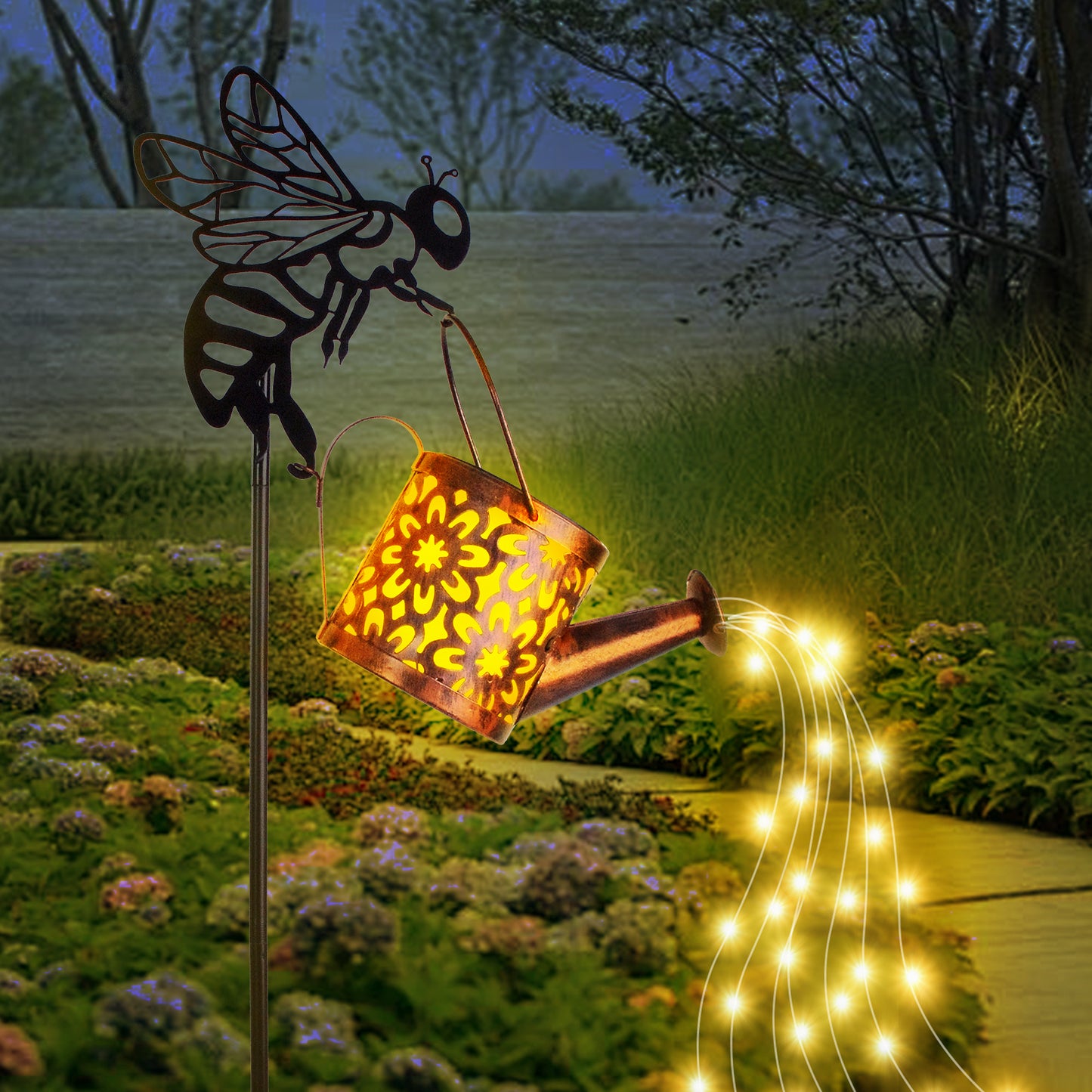 Enchanting Solar Flower Garden Lights - Stylish Waterproof Metal Watering Can Design for Patio, Lawn, and Pathway - Ideal Gardening Gifts!