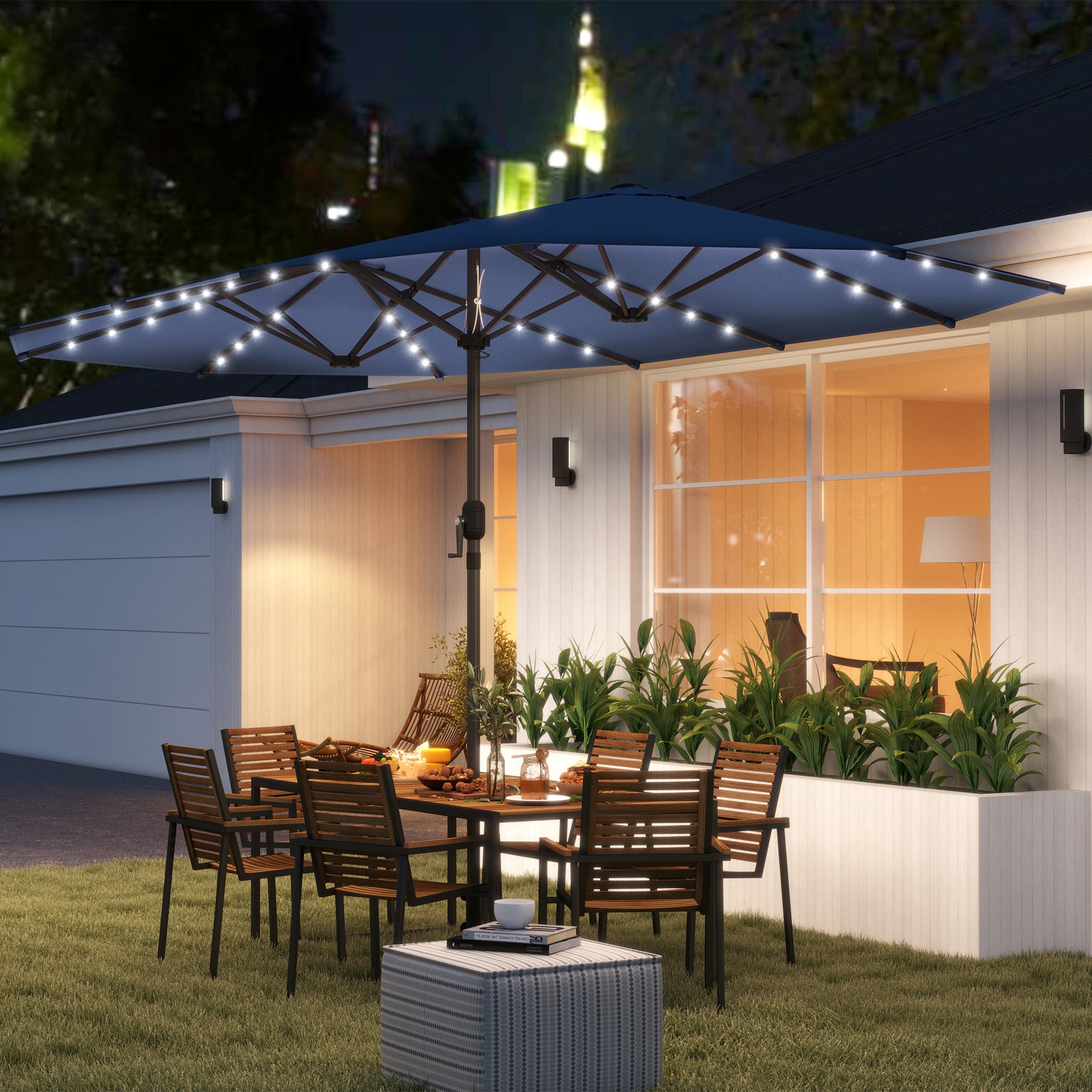 Illuminate Your Outdoor Oasis: Double-Sided Blue Garden Parasol with LED Solar Lights - The Ideal Patio Umbrella for Relaxation