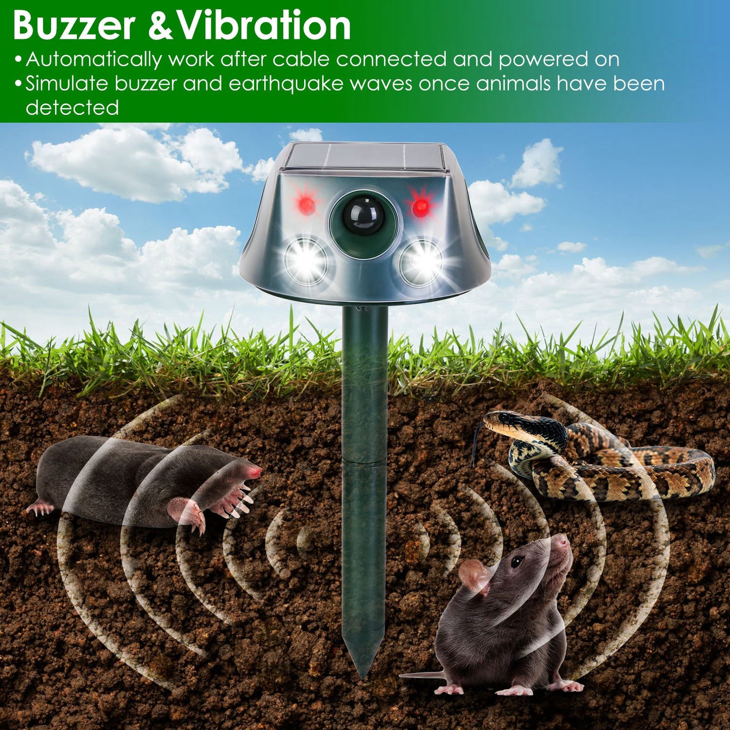 Ultrasonic Solar Animal Repeller - Waterproof Motion Sensor for Ultimate Mole, Snake & Squirrel Control in Your Garden or Farm