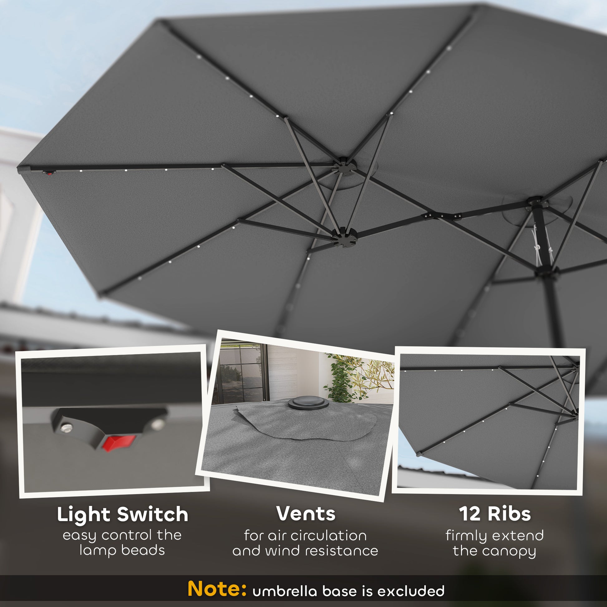 Stylish Gray Double-Sided Garden Parasol with LED Solar Lights - Ideal Patio Umbrella for Outdoor Relaxation