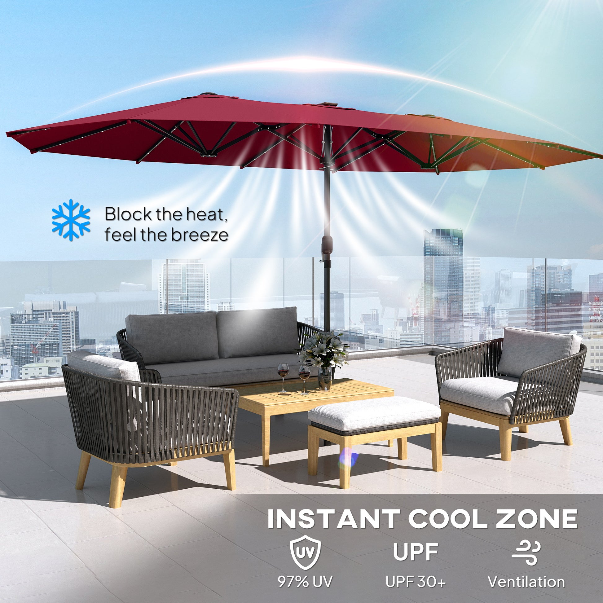 Illuminate Your Outdoor Oasis: Stylish Wine Red Double-Sided Garden Parasol with LED Solar Lights