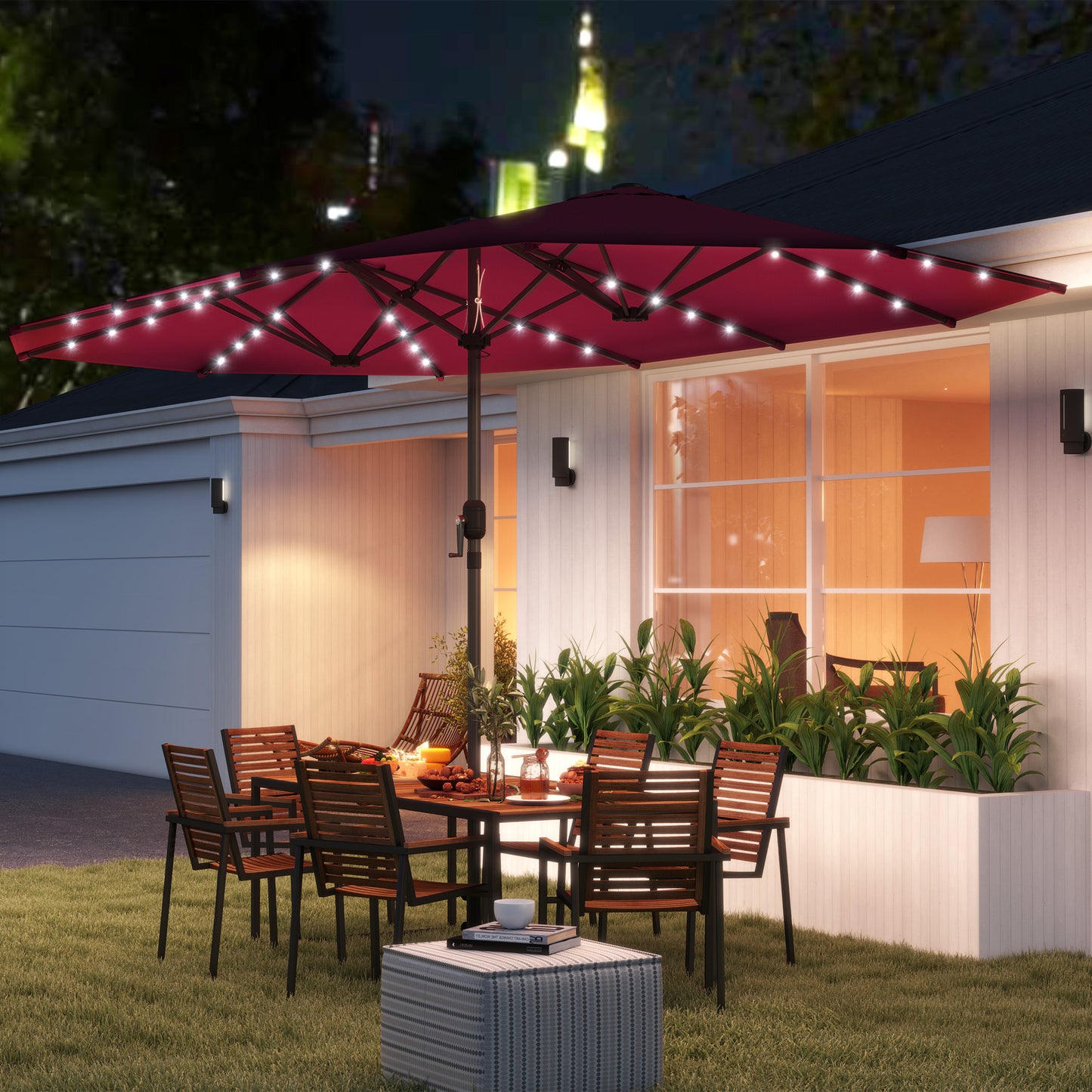 Elegant Wine Red Double-Sided Garden Parasol with LED Solar Lights – Perfect for Stylish Patio Relaxation