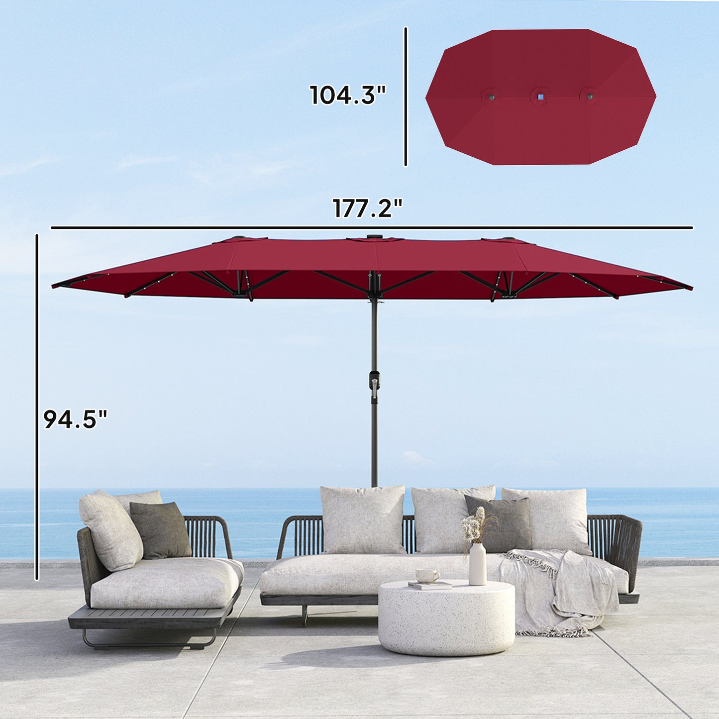 Elegant Wine Red Double-Sided Garden Parasol with LED Solar Lights – Perfect for Stylish Patio Relaxation