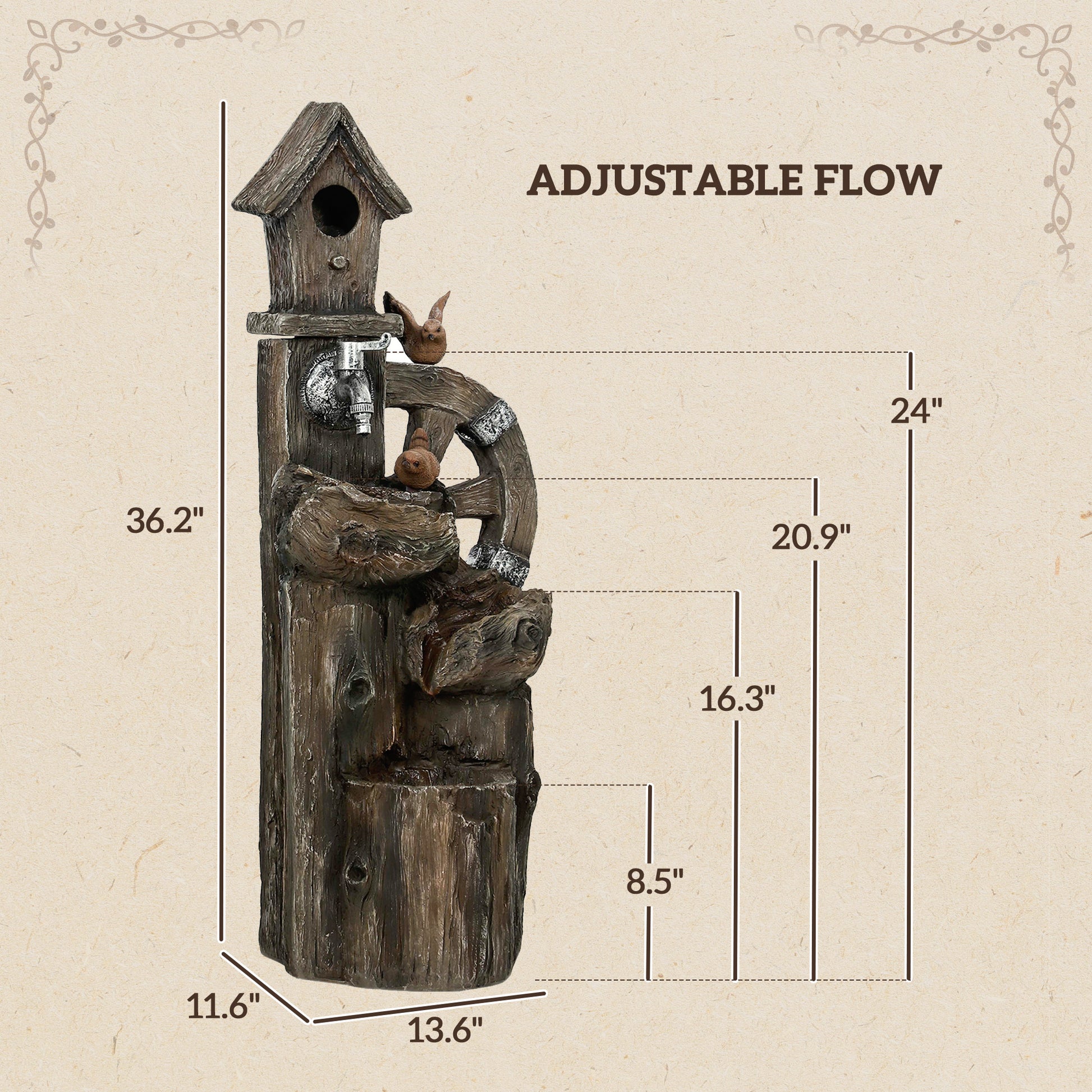 Enchanting 3-Tier Outdoor Water Fountain with LED Lights and Water Wheel - Ideal Garden Birdhouse Decor