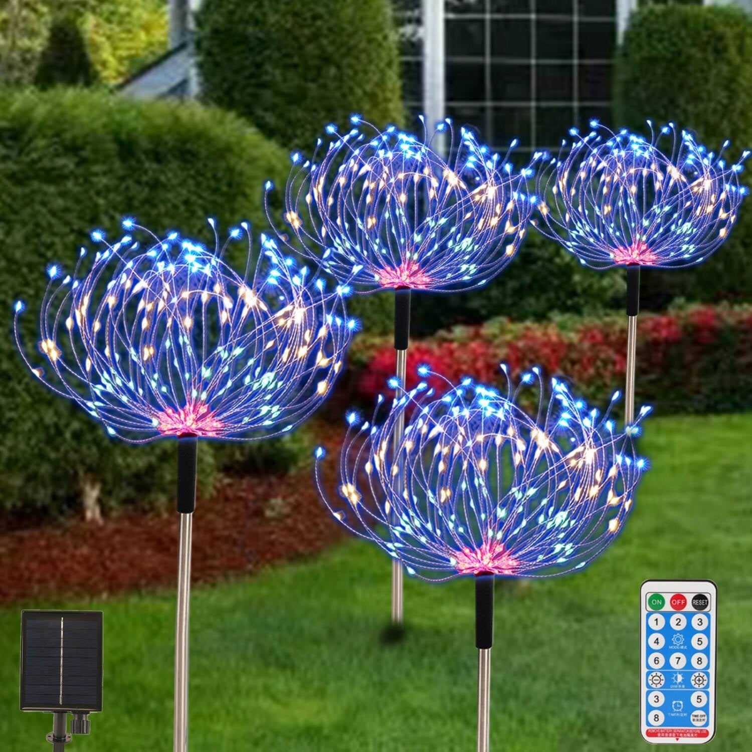 Transform Your Outdoor Space with 4 Pack Remote Control Solar Lights - 120 LED Firework Effects & 8 Creative Modes for Patios and Holiday Celebrations!