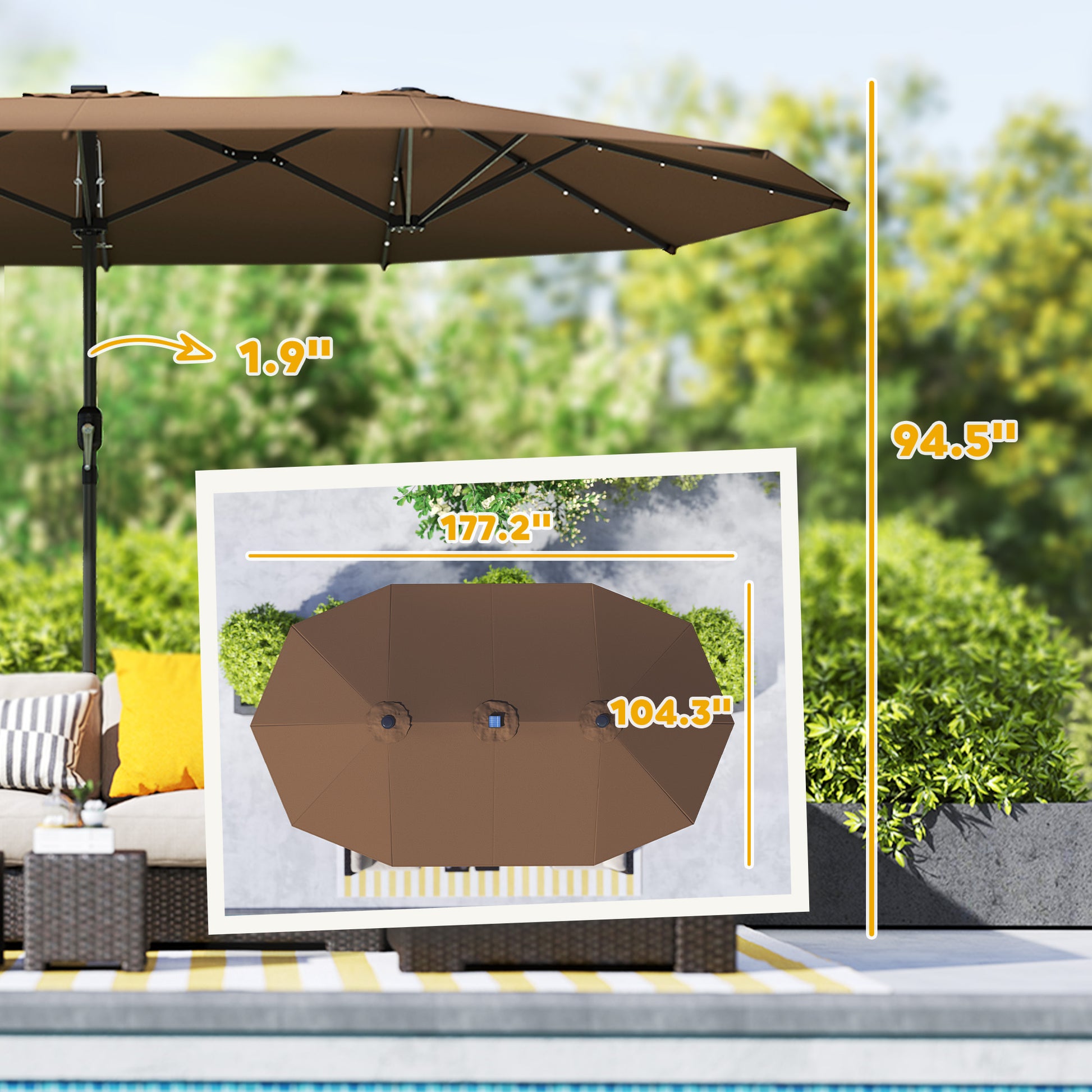 Illuminate Your Outdoor Space with Our Double-Sided Garden Parasol Featuring LED Solar Lights - Ideal Patio Umbrella for Coffee Moments