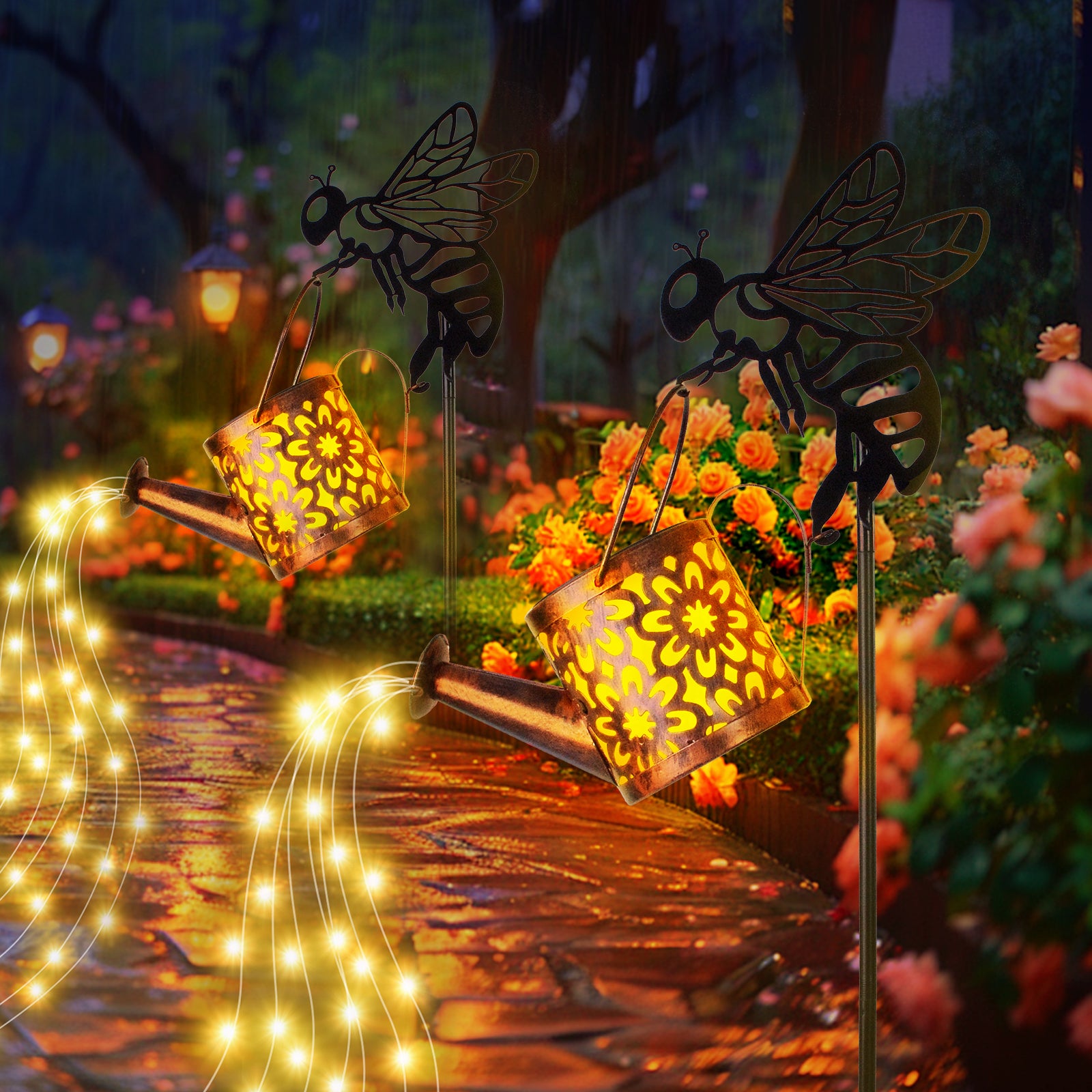Enchanting Solar Flower Garden Lights - Stylish Waterproof Metal Watering Can Design for Patio, Lawn, and Pathway - Ideal Gardening Gifts!