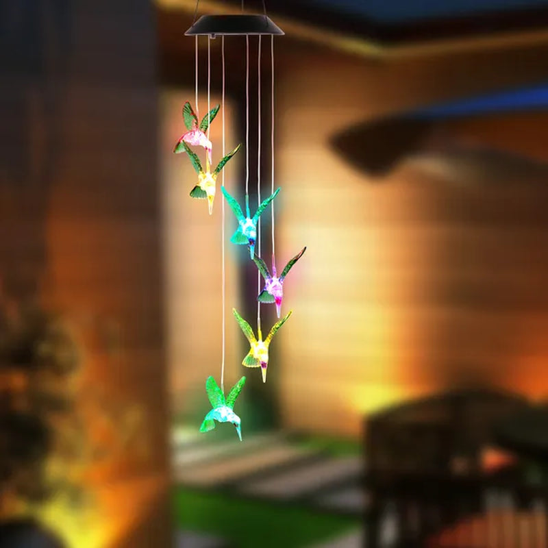 Enchanting Color-Changing LED Solar Hummingbird Wind Chime - Waterproof 6-LED Decorative String Lights