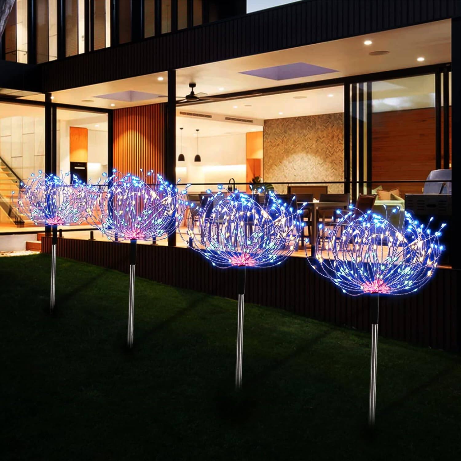 Transform Your Outdoor Space with 4 Pack Remote Control Solar Lights - 120 LED Firework Effects & 8 Creative Modes for Patios and Holiday Celebrations!