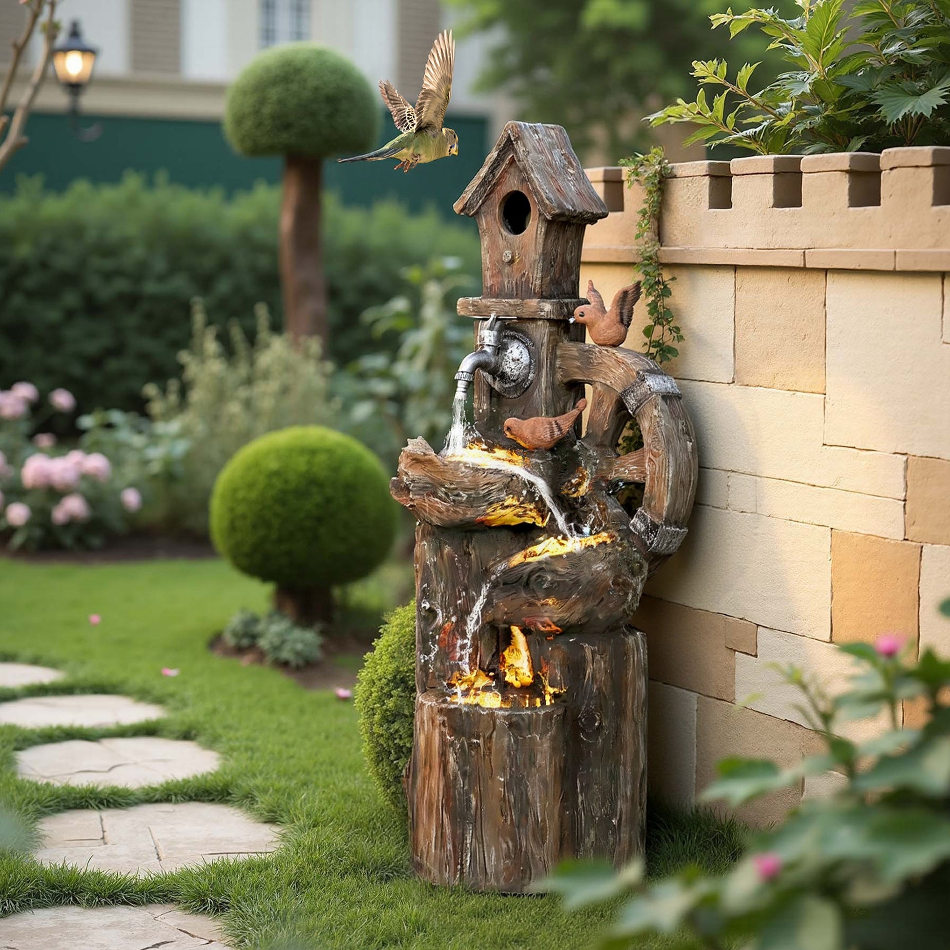 Enchanting 3-Tier Outdoor Water Fountain with LED Lights and Water Wheel - Ideal Garden Birdhouse Decor