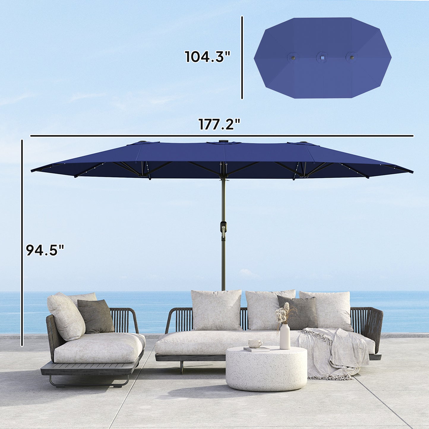 Navy Blue Double-Sided Patio Umbrella with LED Solar Lights - Ideal for Outdoor Relaxation and Enjoyment