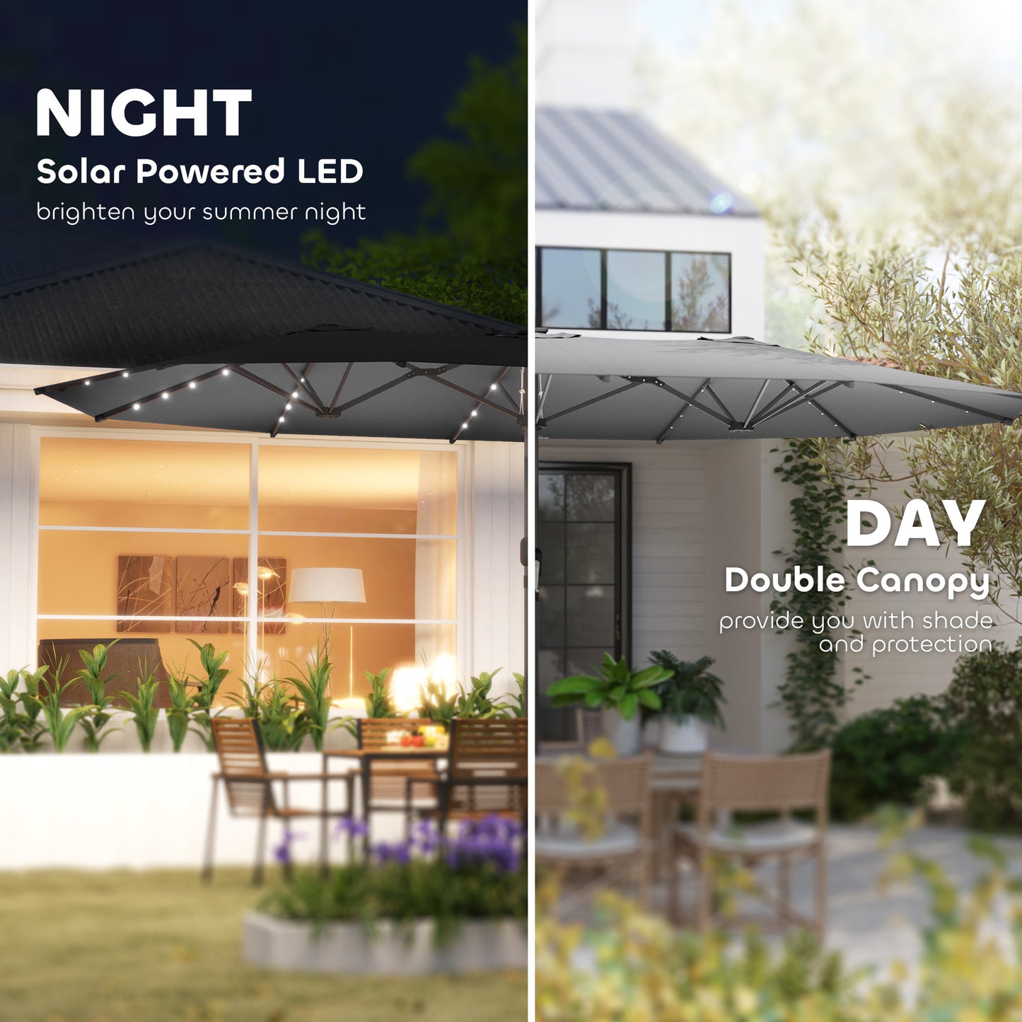 Illuminate Your Outdoor Oasis: Double-Sided Gray Garden Parasol with LED Solar Lights