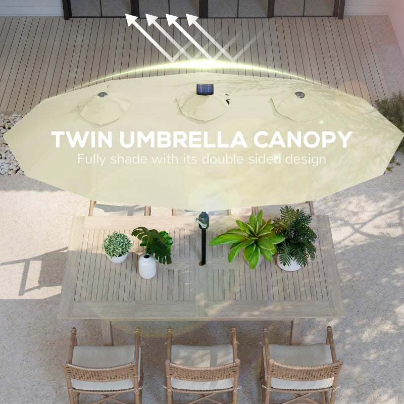Elegant Cream White 9.7' Double-Sided Patio Umbrella with Tilt & Crank, LED Solar Lights, 12 Ribs - Premium Outdoor Shade Solution