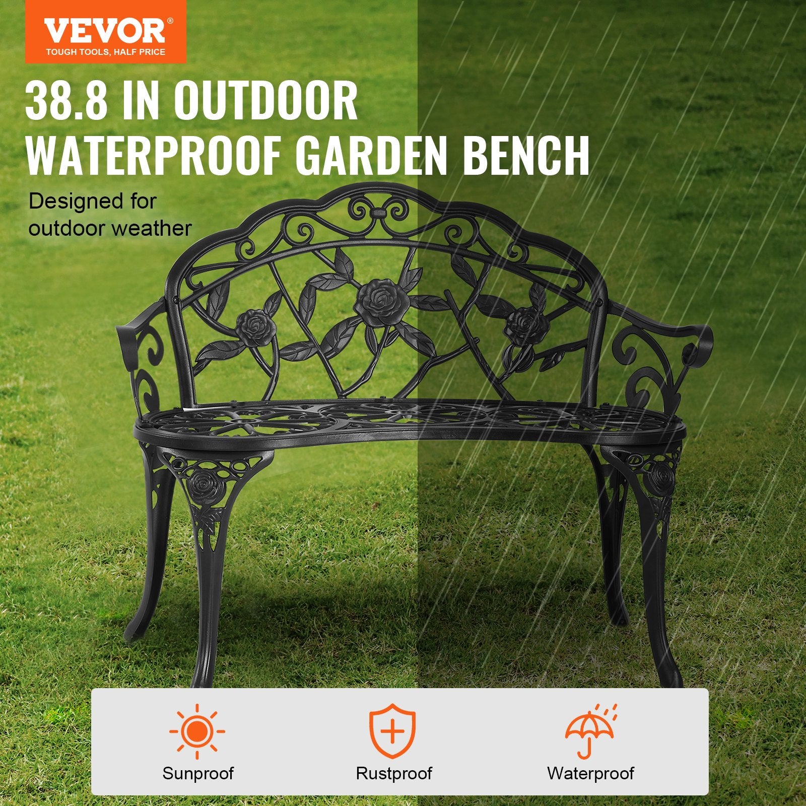 Durable 38.8" Metal Outdoor Bench with Backrest & Armrests - Supports 480 lbs for Ultimate Comfort in Garden, Park, and Patio