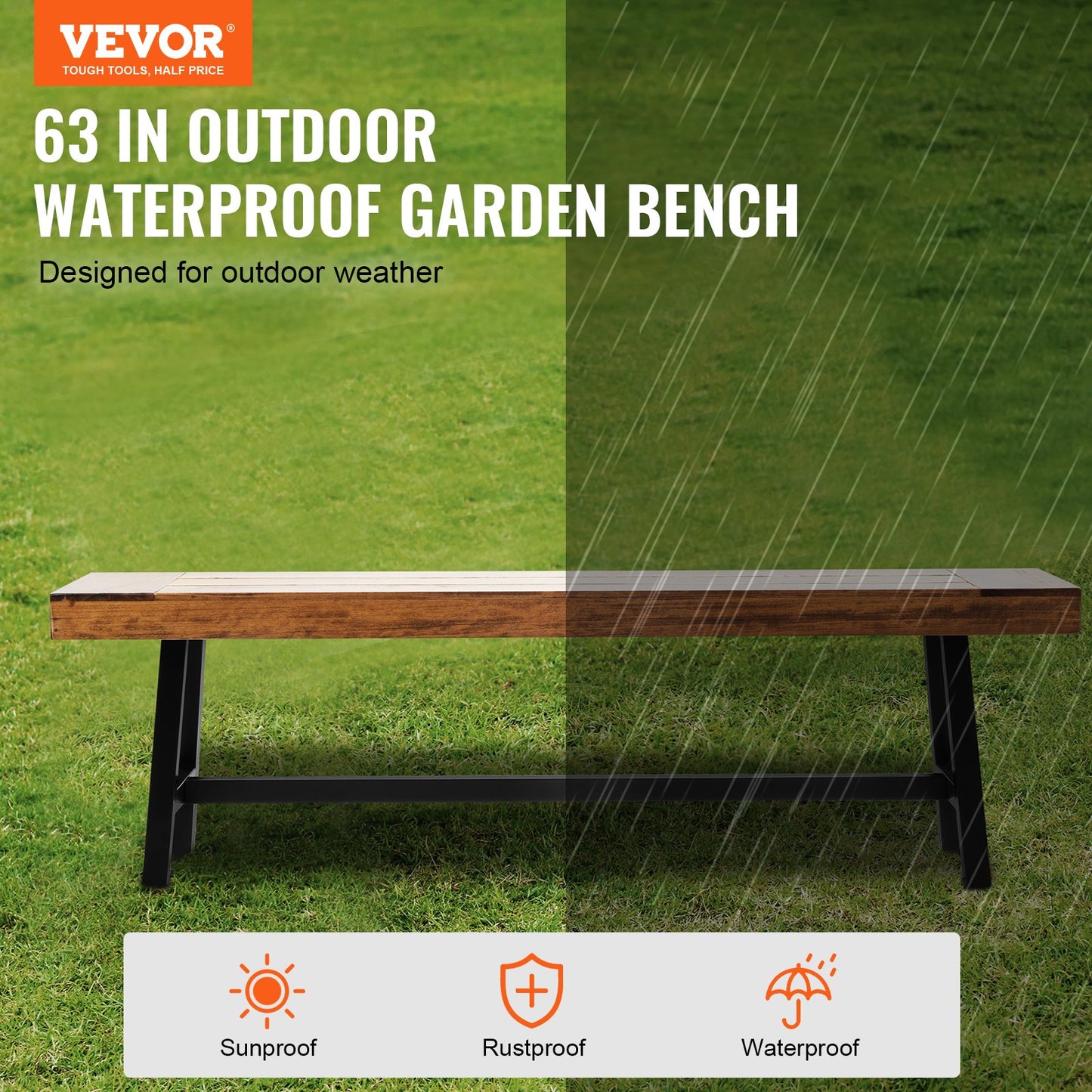 Durable 63-Inch Outdoor Wood Garden Bench with Metal Legs - Supports 500 lbs for Patio, Park, Yard, and Front Porch Comfort