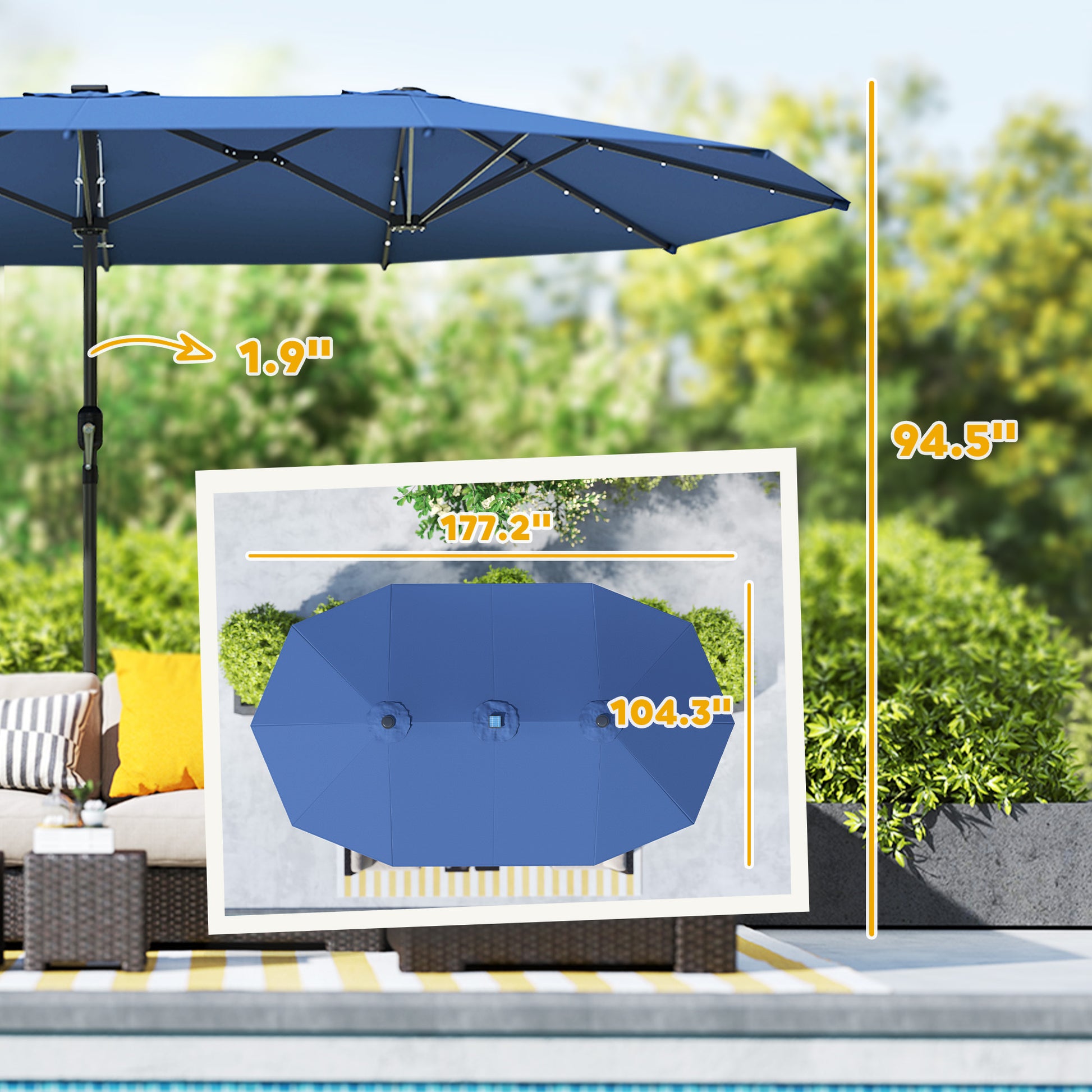 Illuminate Your Outdoor Oasis: Stylish Double-Sided Garden Parasol with LED Solar Lights in Elegant Blue