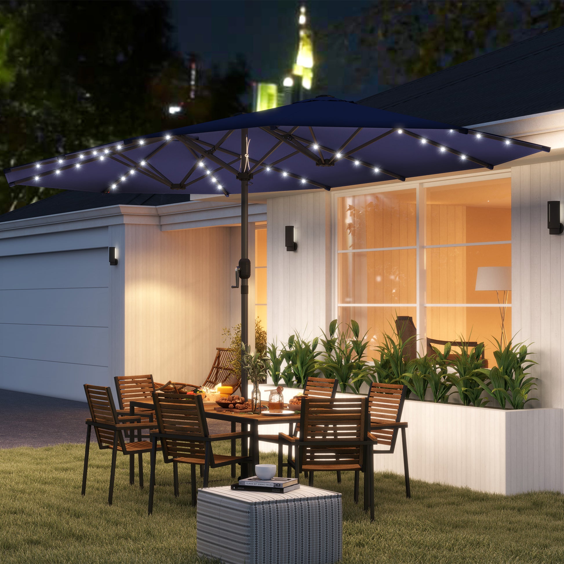 Illuminate Your Outdoor Space with Our Navy Blue Double-Sided Garden Parasol Featuring LED Solar Lights!