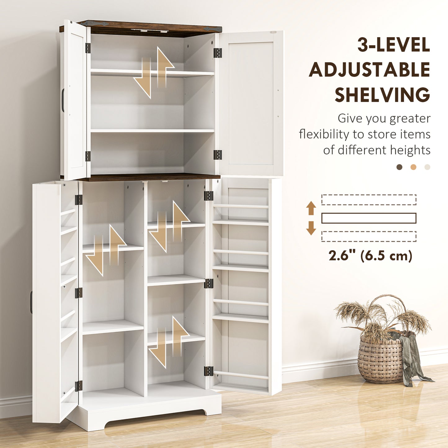 Stylish 64" White Kitchen Pantry Cabinet with Motion Sensor Light, Spice Racks, and Adjustable Shelves