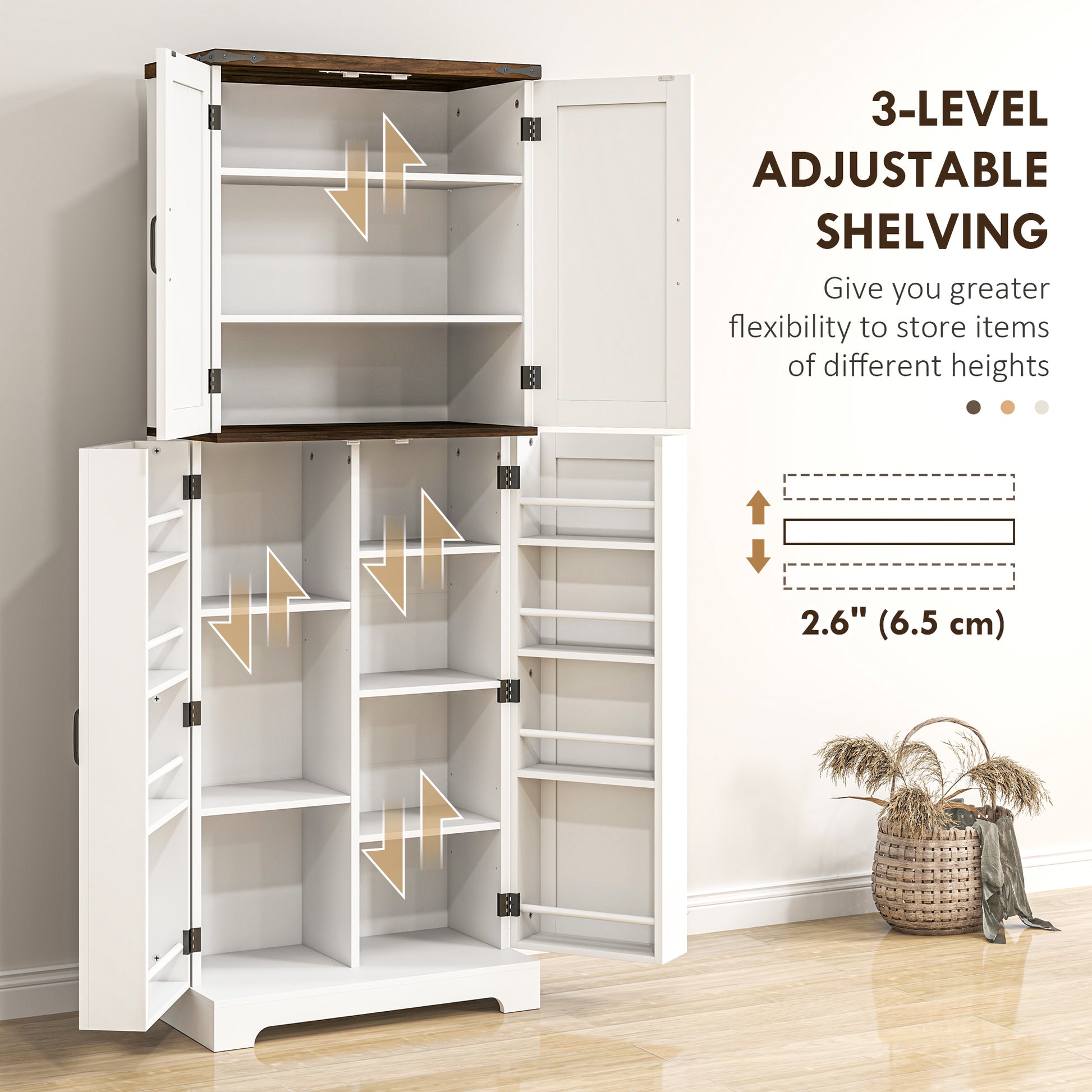 Stylish 64" White Kitchen Pantry Cabinet with Motion Sensor Light, Spice Racks, and Adjustable Shelves