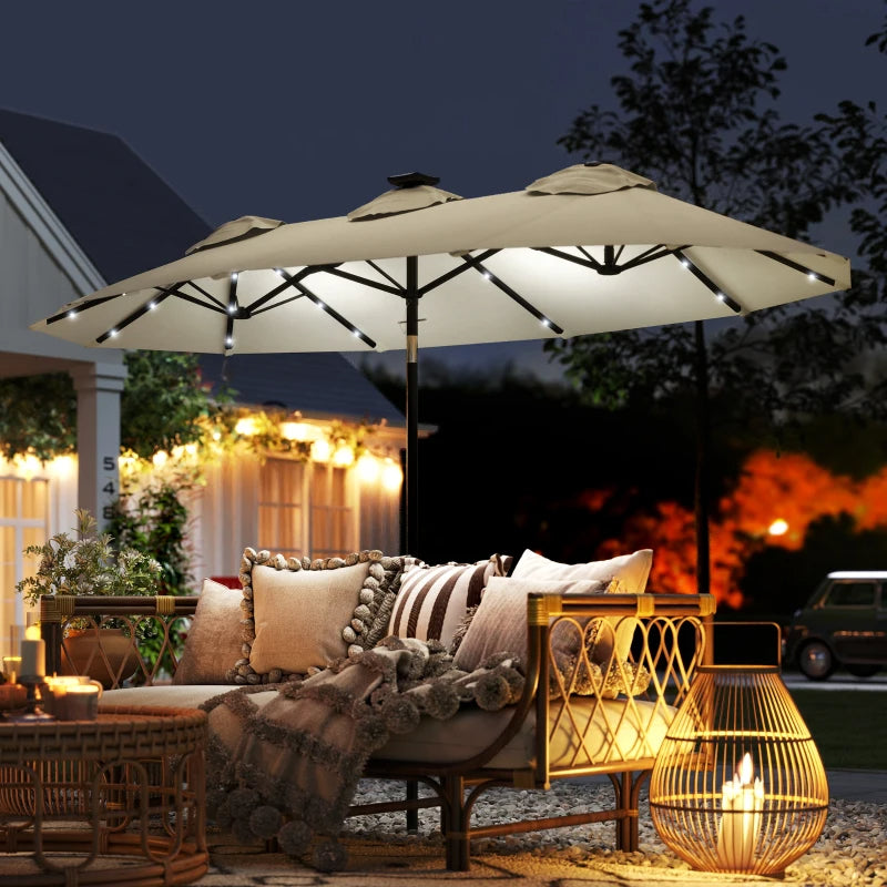 Elegant Cream White 9.7' Double-Sided Patio Umbrella with Tilt & Crank, LED Solar Lights, 12 Ribs - Premium Outdoor Shade Solution