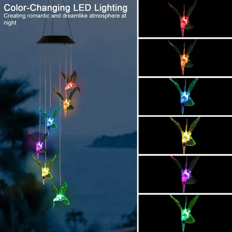 Enchanting Color-Changing LED Solar Hummingbird Wind Chime - Waterproof 6-LED Decorative String Lights
