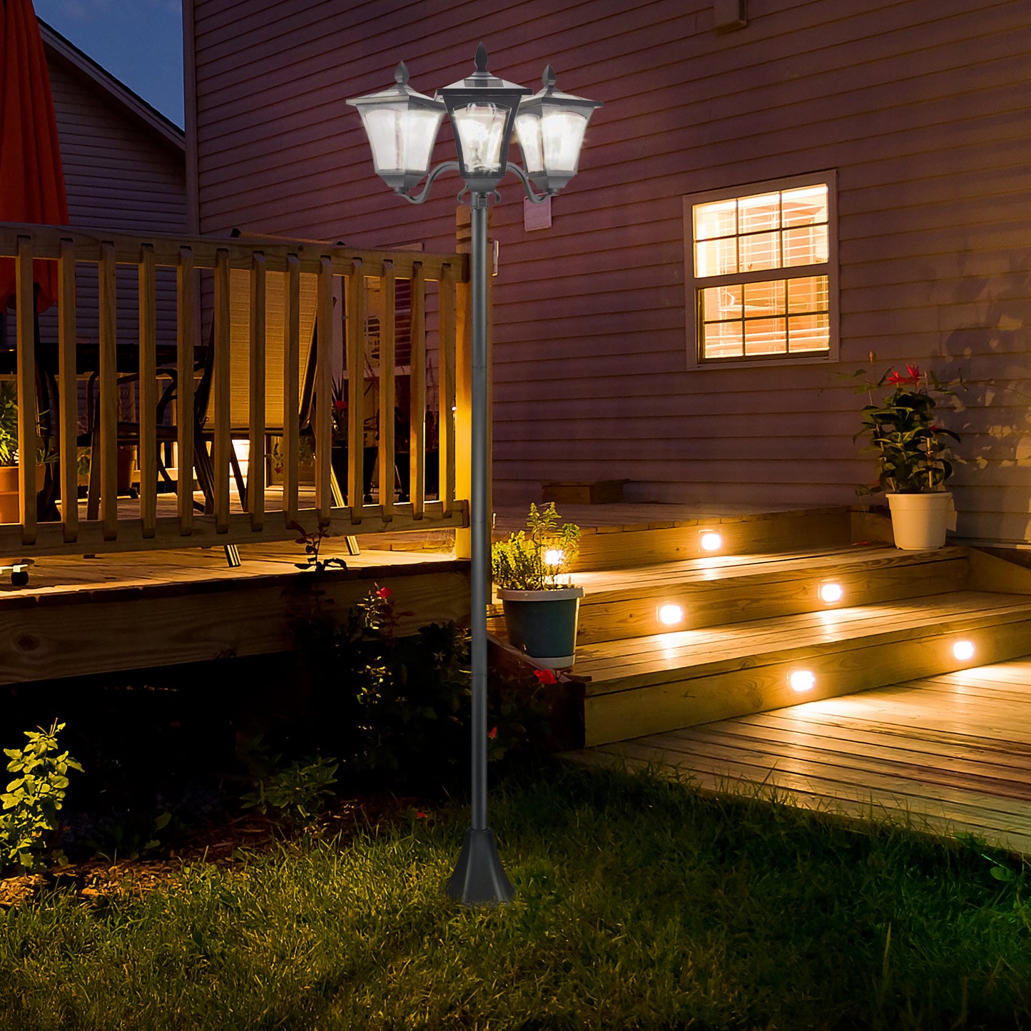 Elegant 72-Inch Triple Head Solar Lamp Post - Vintage Outdoor Lighting for Your Backyard, Garden Pathway, and Driveway
