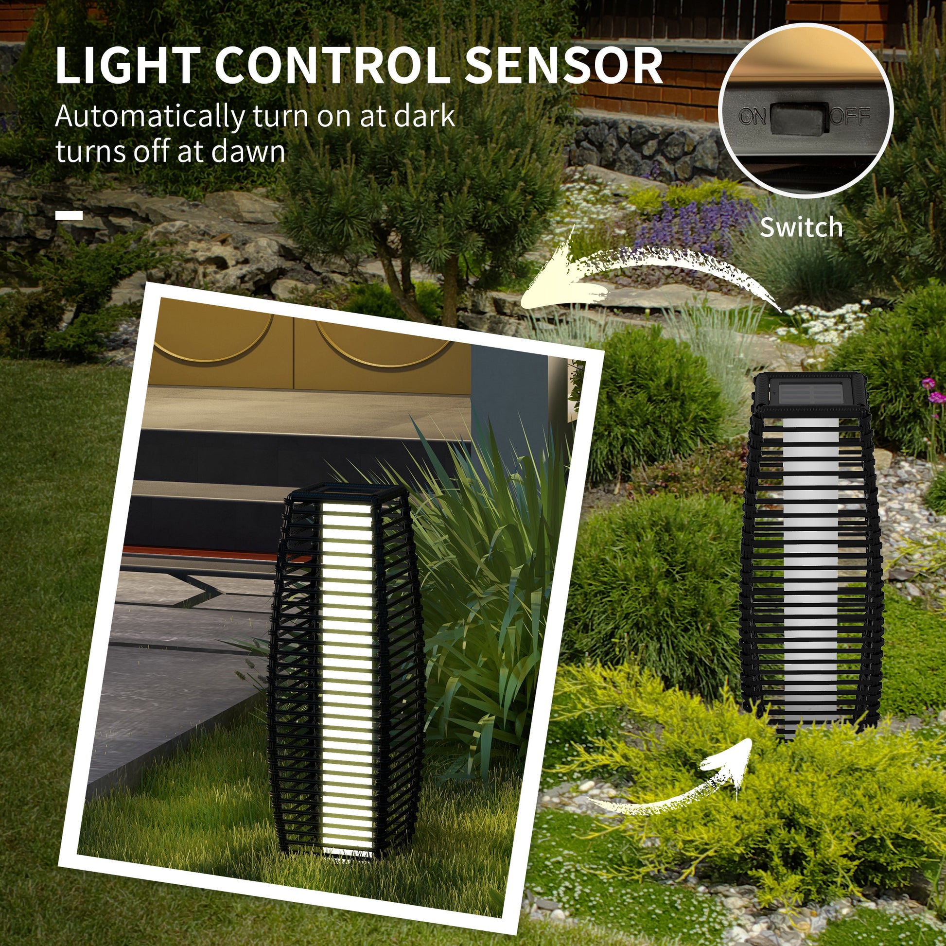 Elegant Black Solar Rattan Floor Lamp - Chic Outdoor Garden Lantern & Driveway Lighting