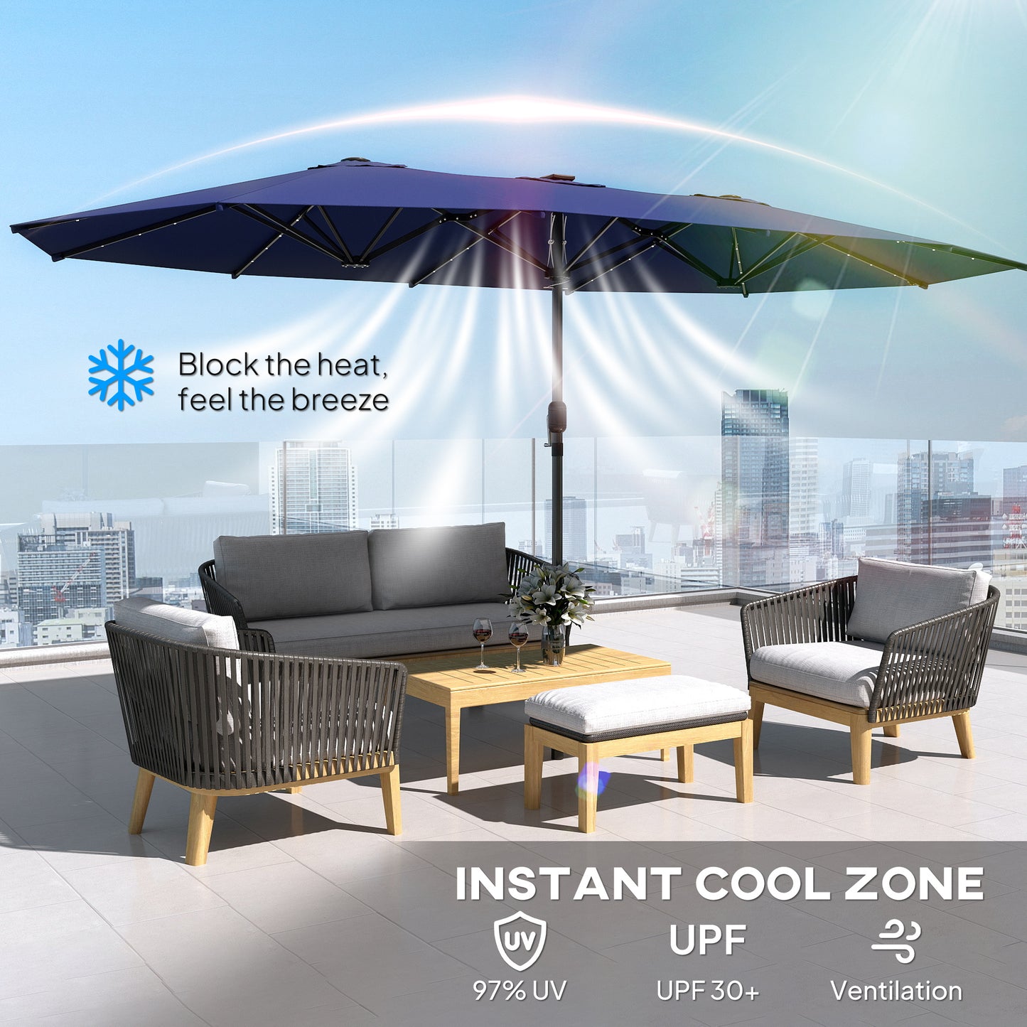 Illuminate Your Outdoor Space with Our Navy Blue Double-Sided Garden Parasol Featuring LED Solar Lights!