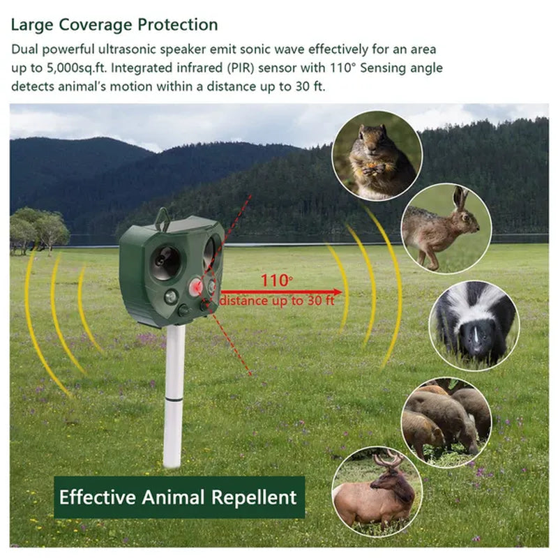 Eco-Friendly Solar Ultrasonic Animal Repeller with Motion Sensor & LED Lights