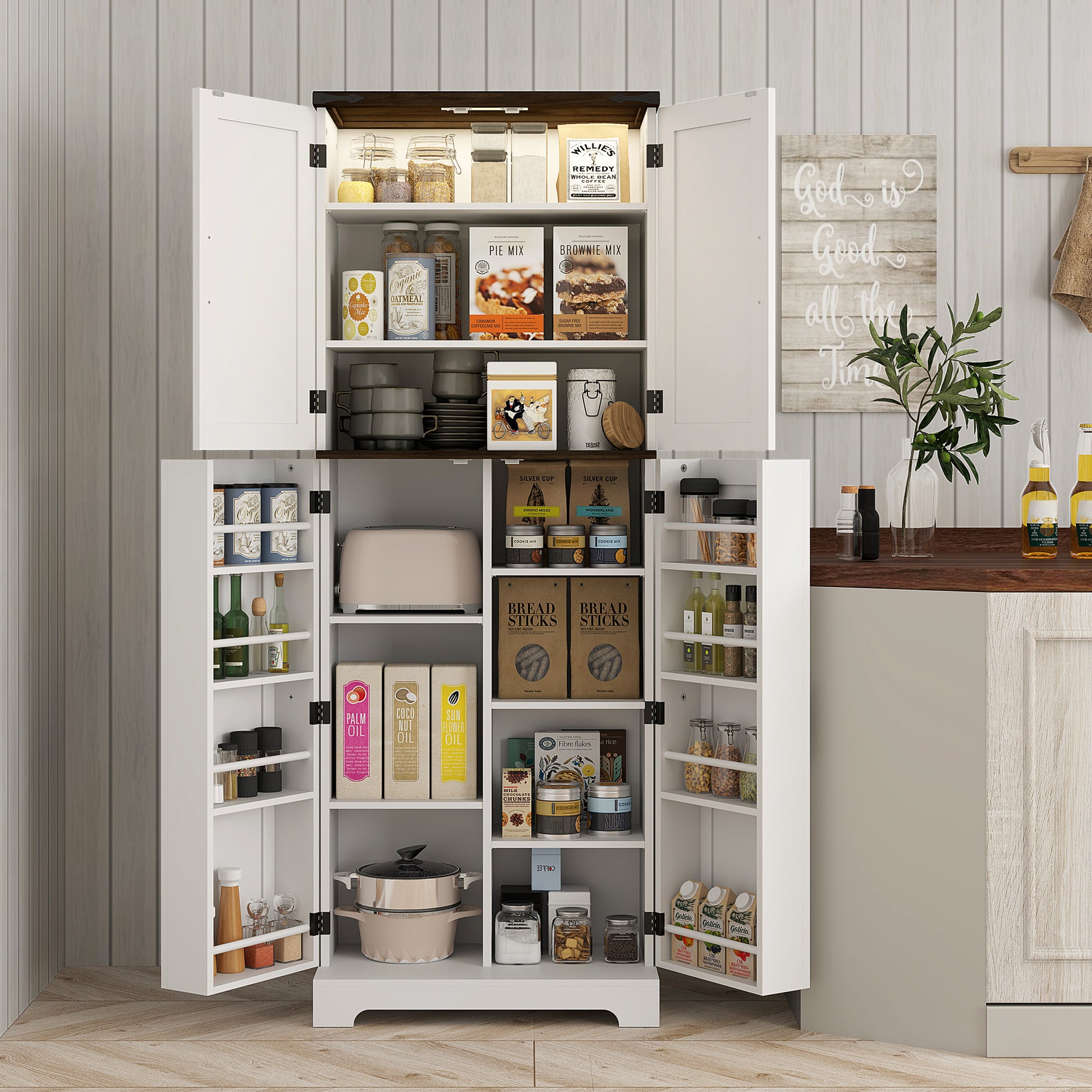 Elegant 64" White Kitchen Pantry Cabinet with Motion Sensor Light, Spice Racks, and Adjustable Shelves