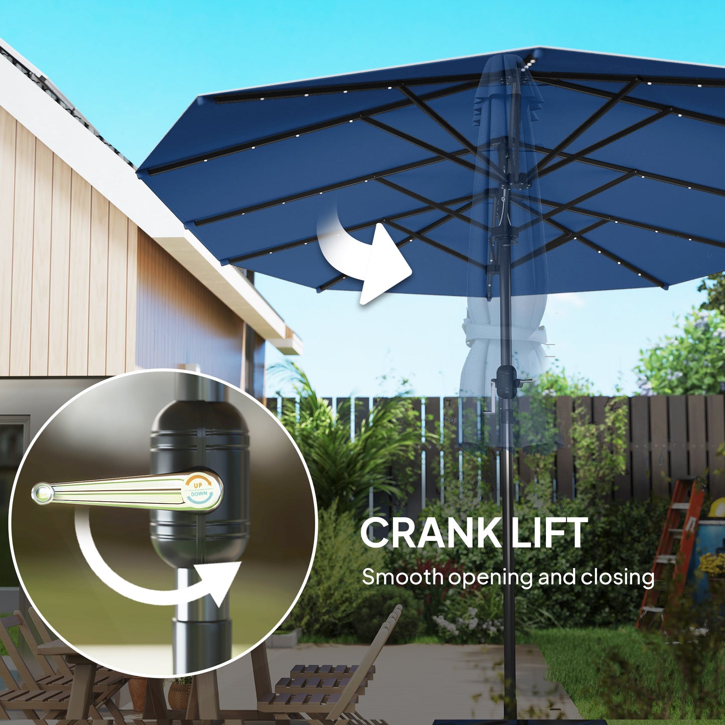 Illuminate Your Outdoors: Stylish Blue Double-Sided Garden Parasol with LED Solar Lights