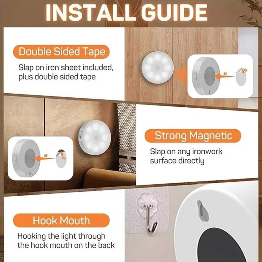 Rechargeable USB LED Motion Sensor Night Light - Portable and Versatile for Cabinets & Stairs