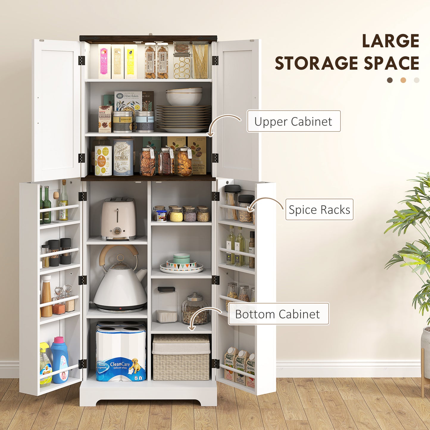 Elegant 64" White Kitchen Pantry Cabinet with Motion Sensor Light, Spice Racks, and Adjustable Shelves