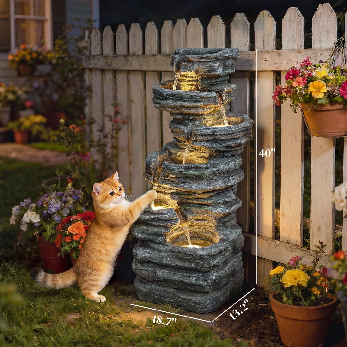 Transform Your Garden with a Stunning 40" Gray LED Waterfall Fountain - 6-Tier Cascading Water Feature