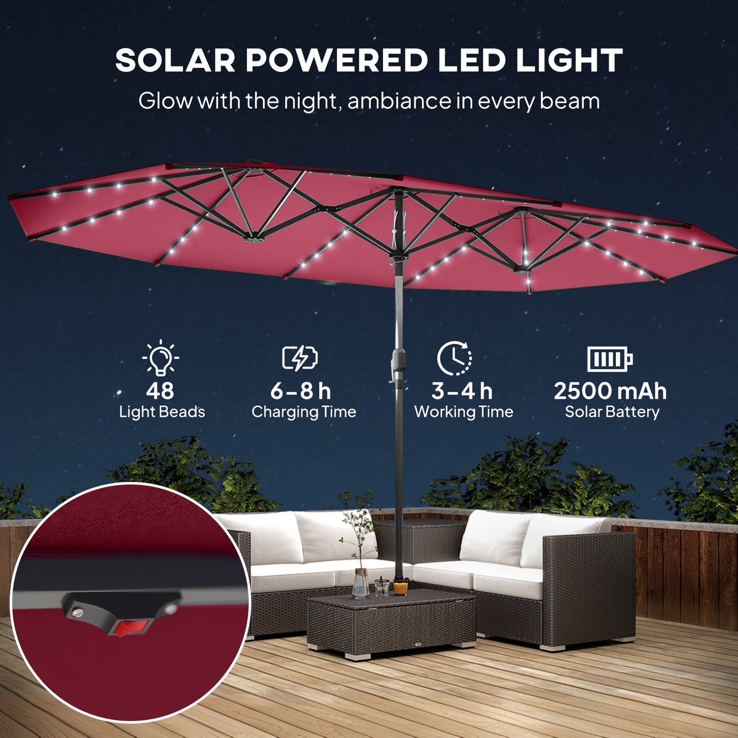 Illuminate Your Outdoor Oasis: Stylish Wine Red Double-Sided Garden Parasol with LED Solar Lights
